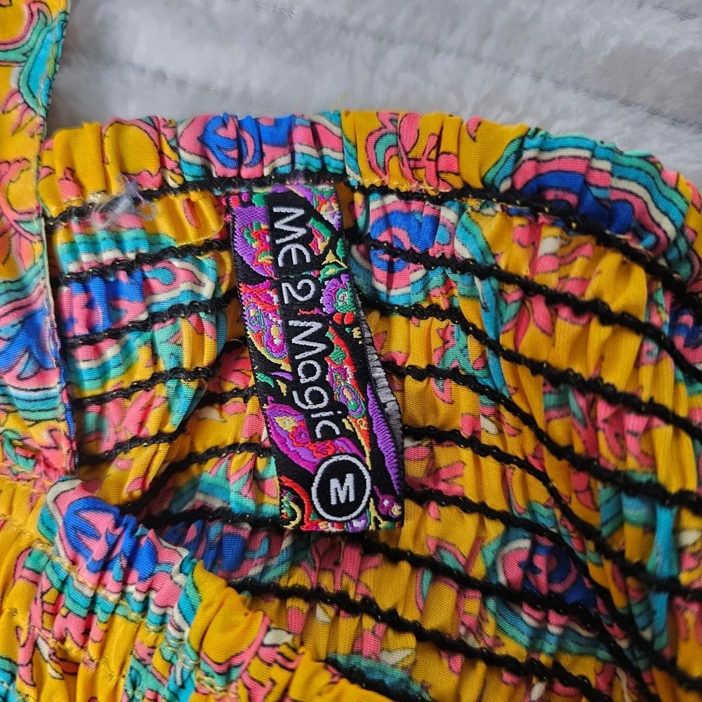 ME2MAGIC Yellow Paisley Smocked Maxi Dress‎ Square Neck Balloon Sleeve Boho M - Picture 8 of 12